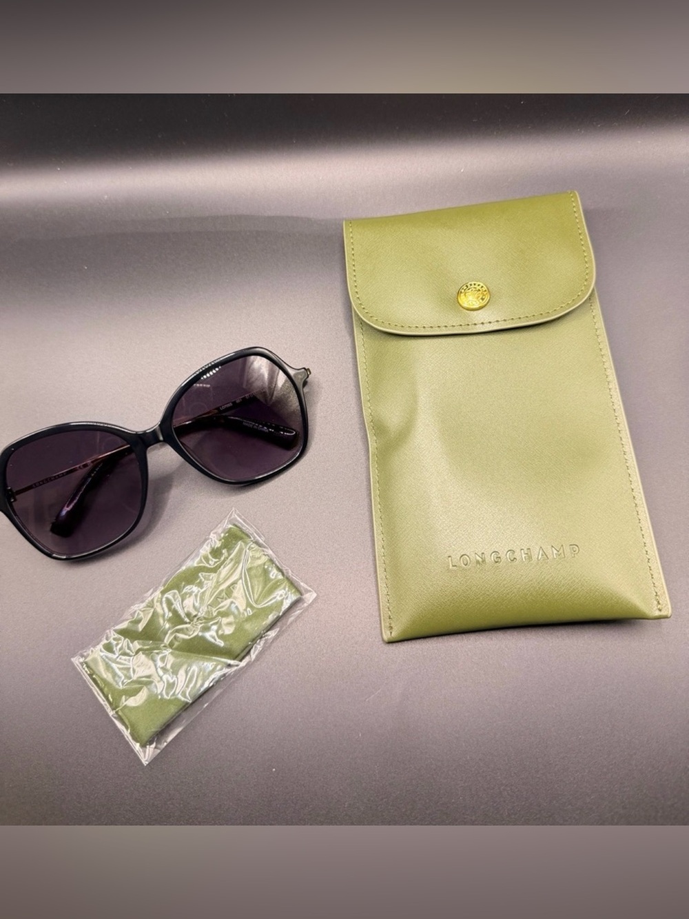 Longchamp Olive Green Leather Sunglasses Pouch with Black Frame Shades